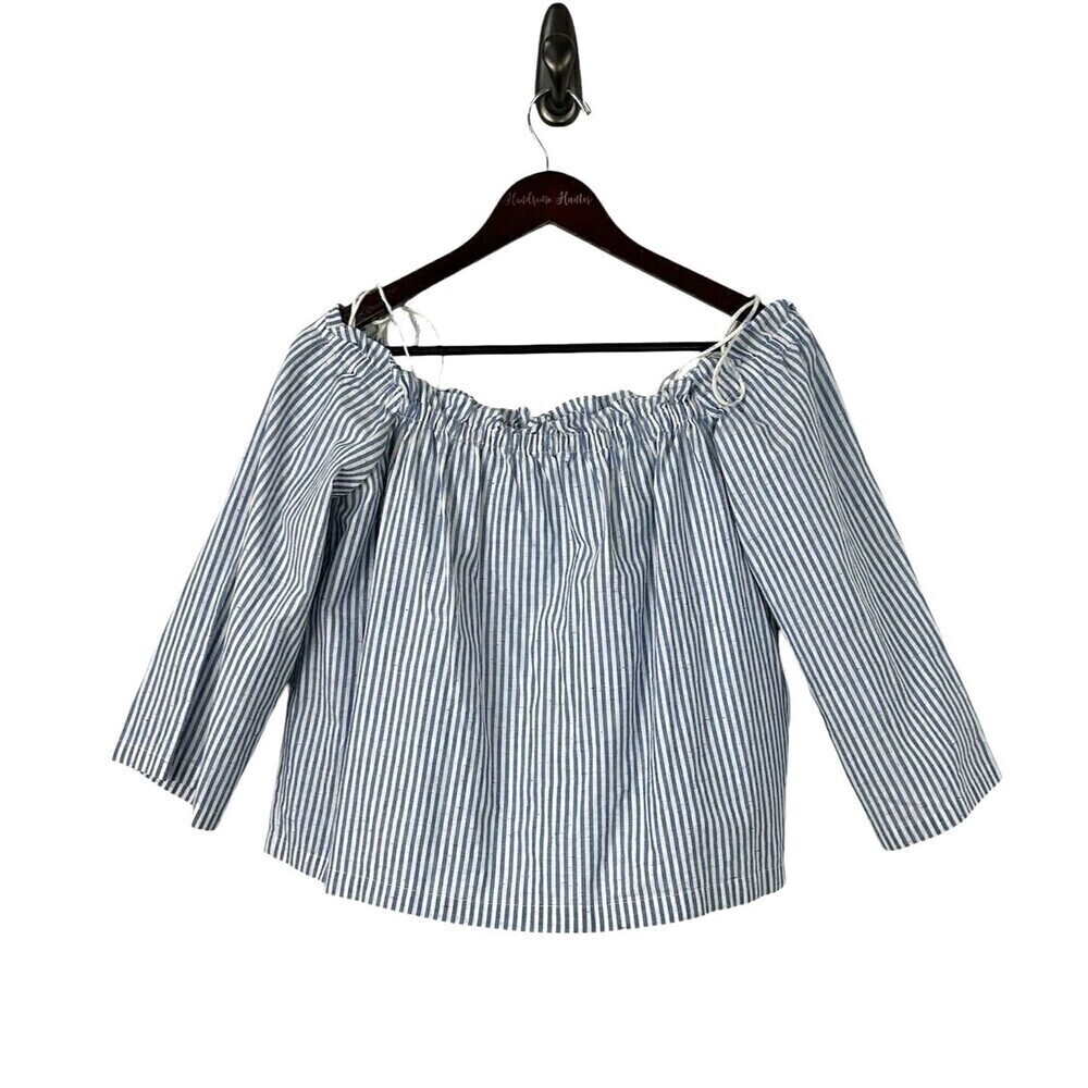 Club Monaco Women M Blue White Off The Shoulder Tassel Crop Top Cotton Speckled